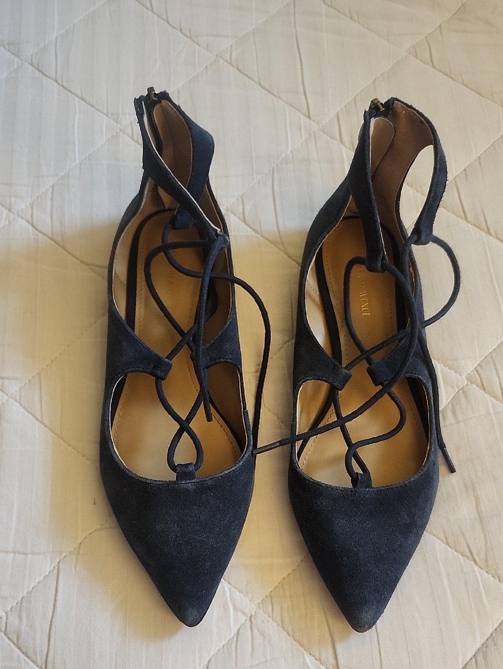 Saks Fifth Avenue Navy Suede Pointed-Toe Lace-Up Flats 8.5